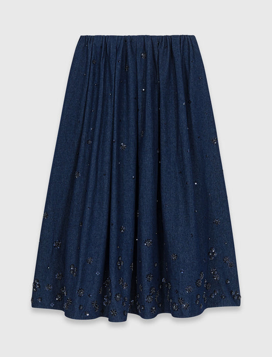 Embroidered Denim Midi Skirt NAVY