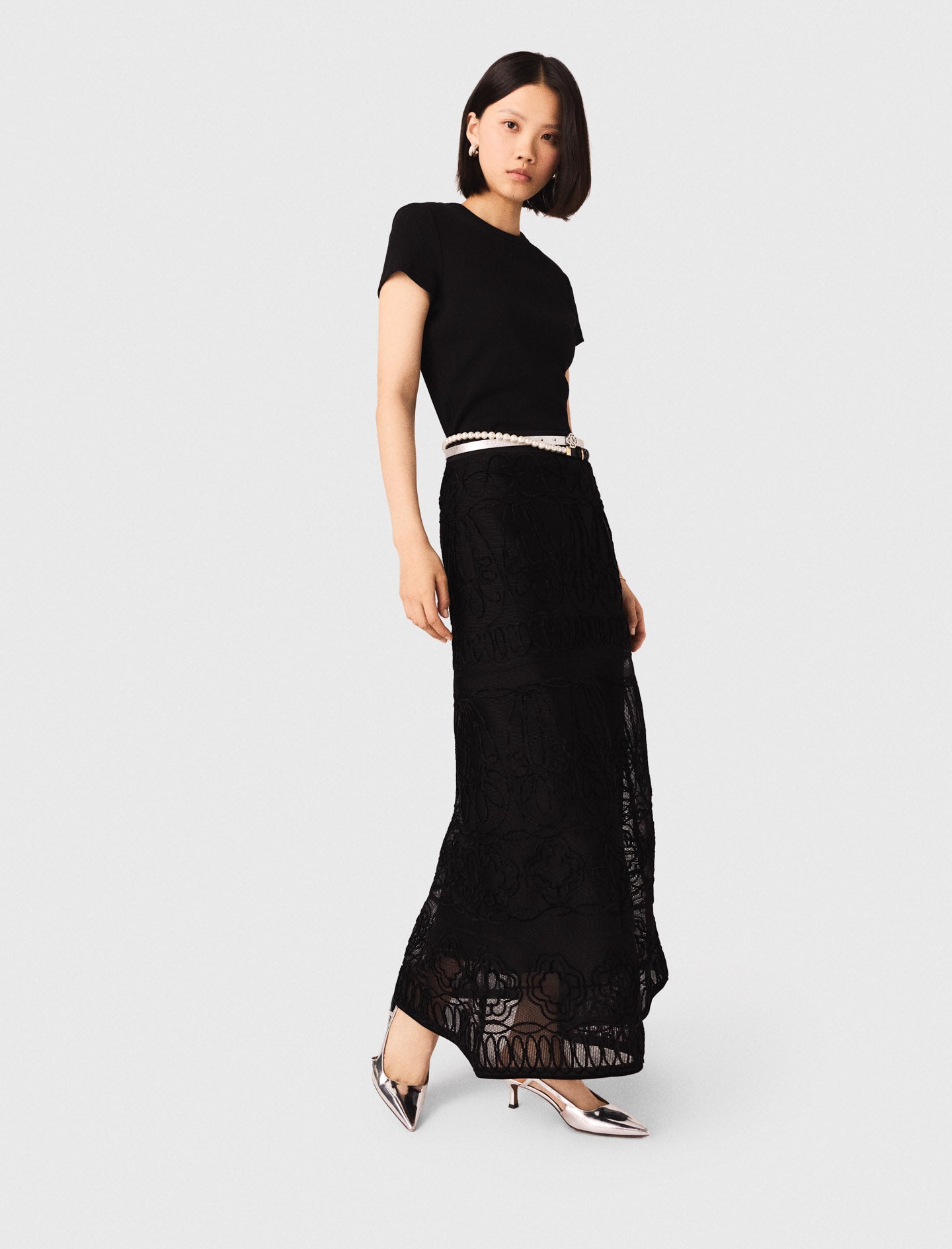 Embroidered Basket-Weave Knit Skirt Black