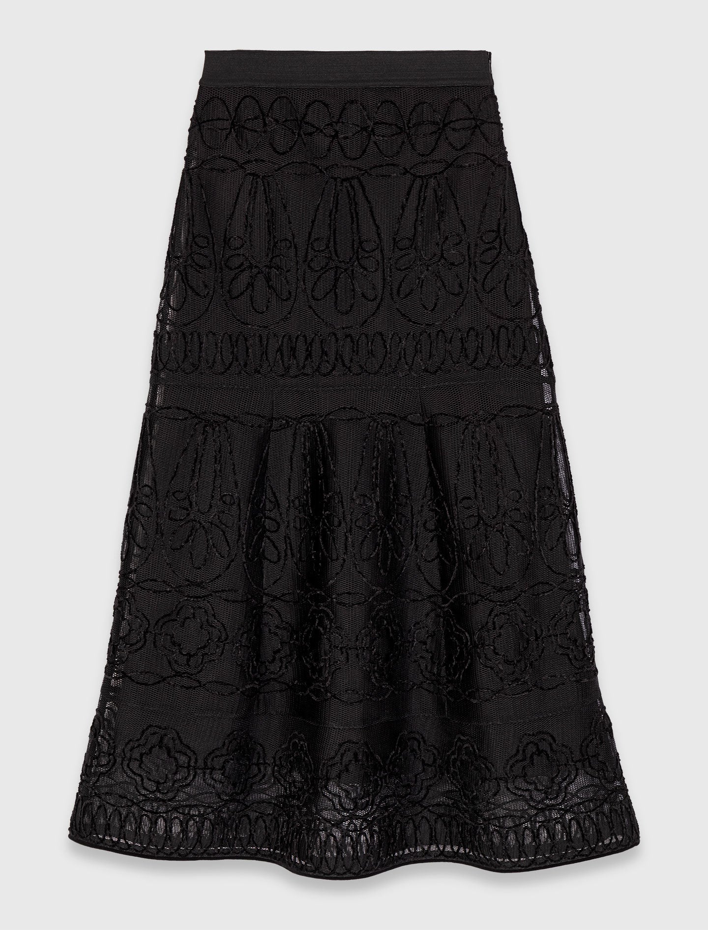 Embroidered Basket-Weave Knit Skirt Black
