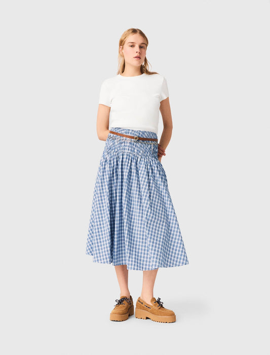Rhinestone Cotton Maxi Skirt Blue Check Print BLUE CHECK PRINT