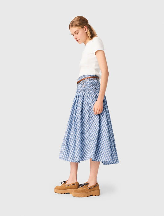 Rhinestone Cotton Maxi Skirt Blue Check Print BLUE CHECK PRINT
