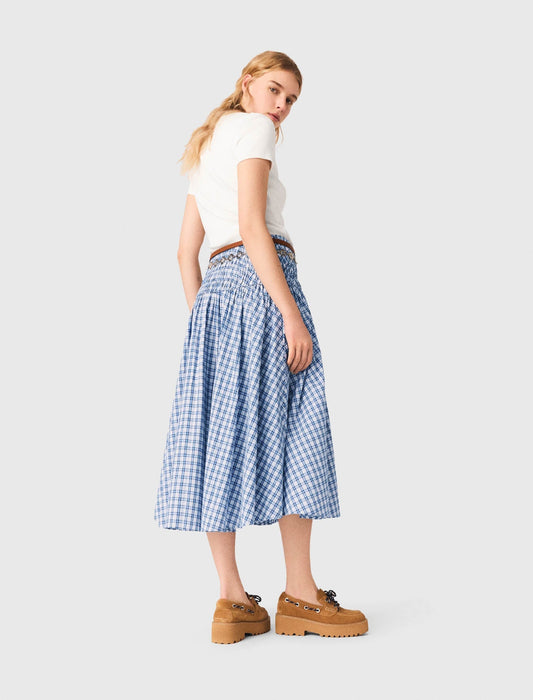 Rhinestone Cotton Maxi Skirt Blue Check Print BLUE CHECK PRINT