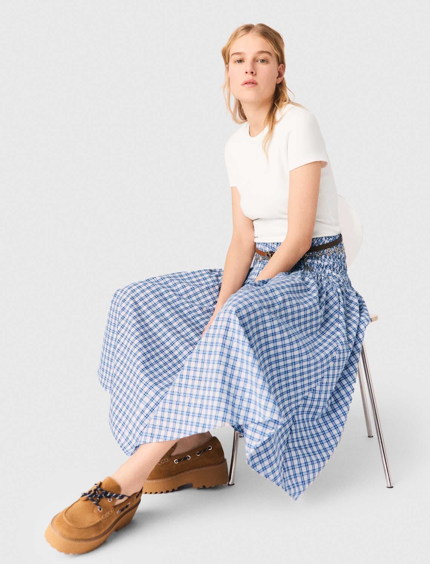 Rhinestone Cotton Maxi Skirt Blue Check Print BLUE CHECK PRINT