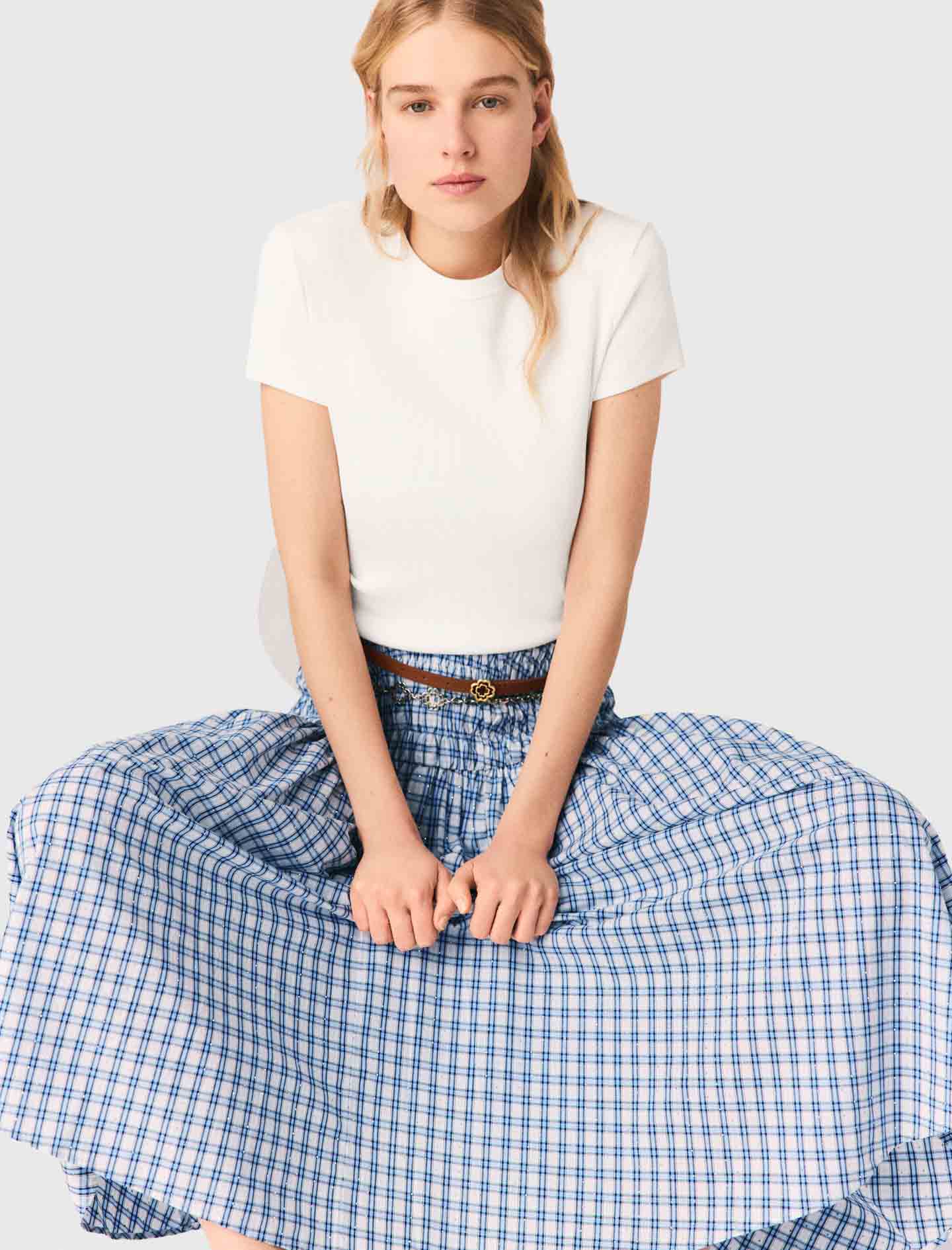 Rhinestone Cotton Maxi Skirt Blue Check Print BLUE CHECK PRINT