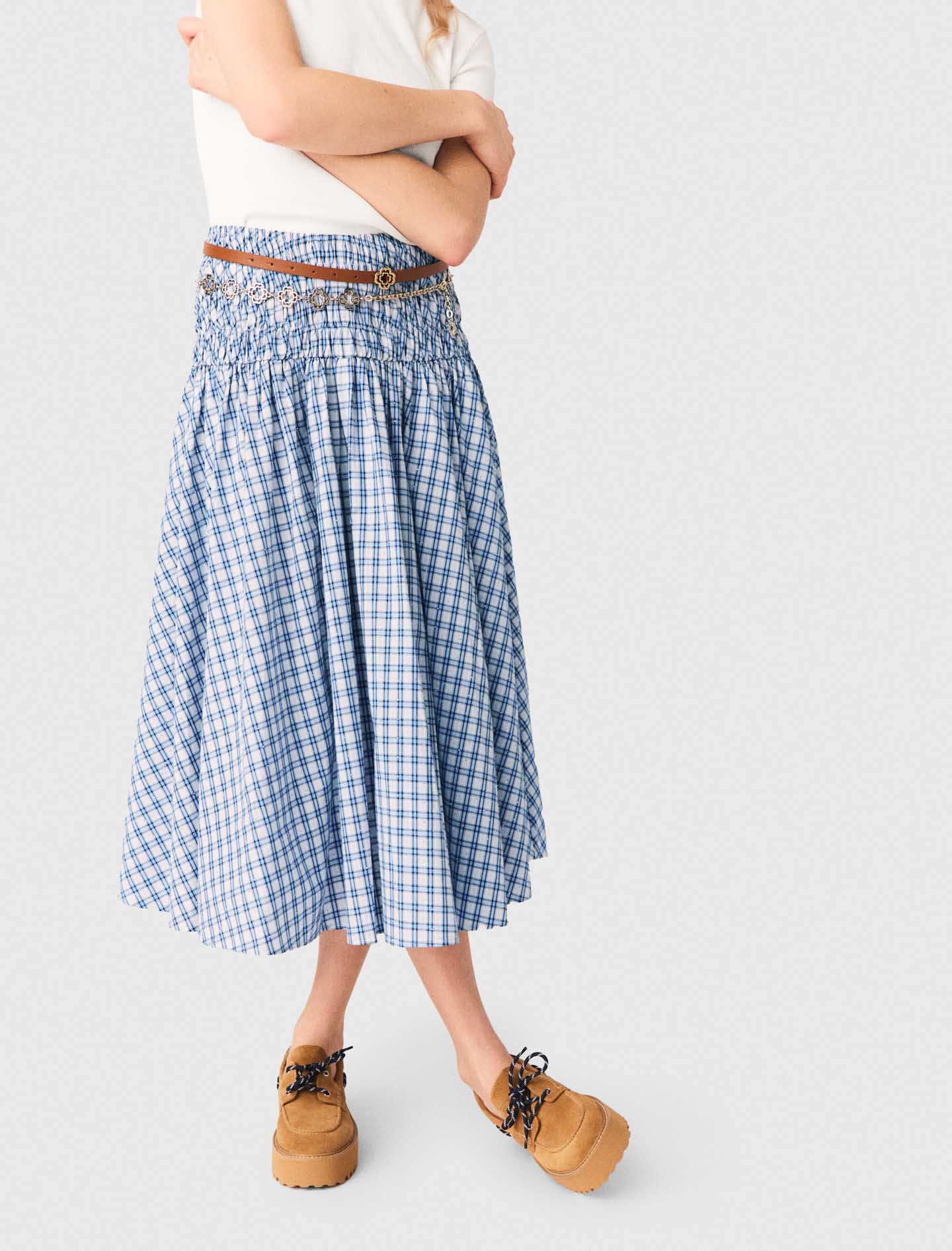 Rhinestone Cotton Maxi Skirt Blue Check Print BLUE CHECK PRINT