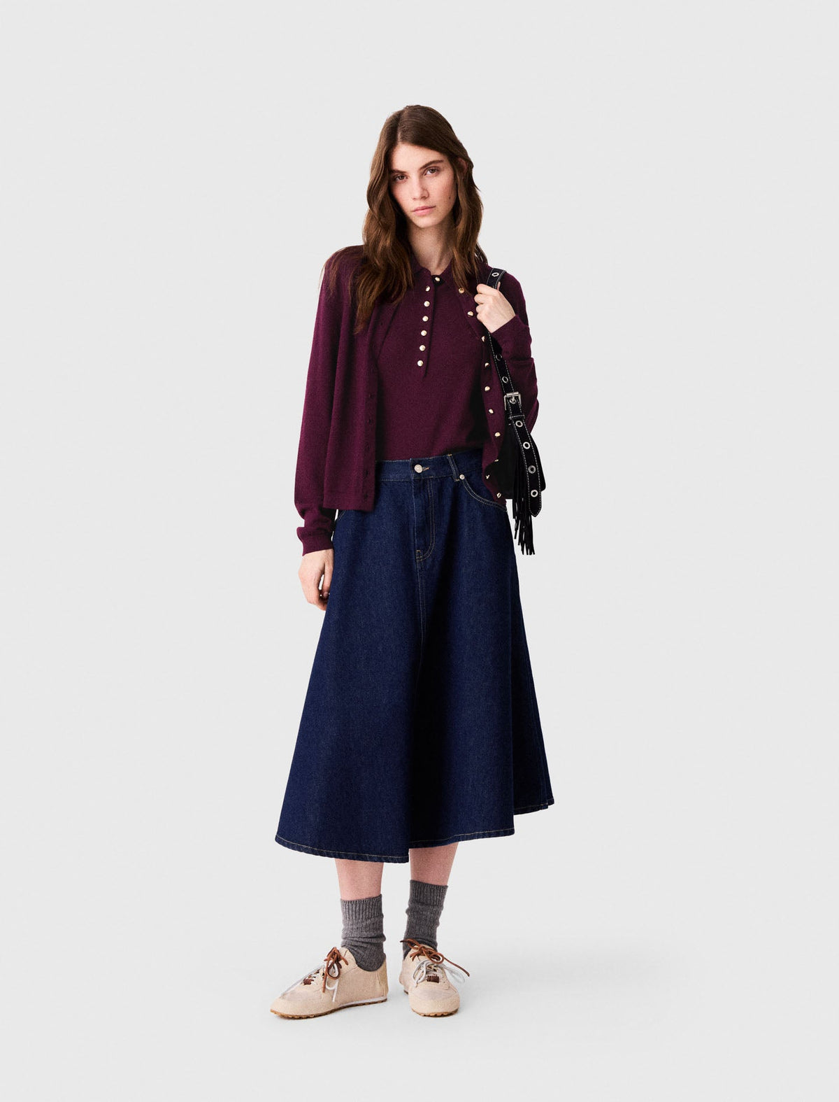 Mid-length flared denim skirt Navy
