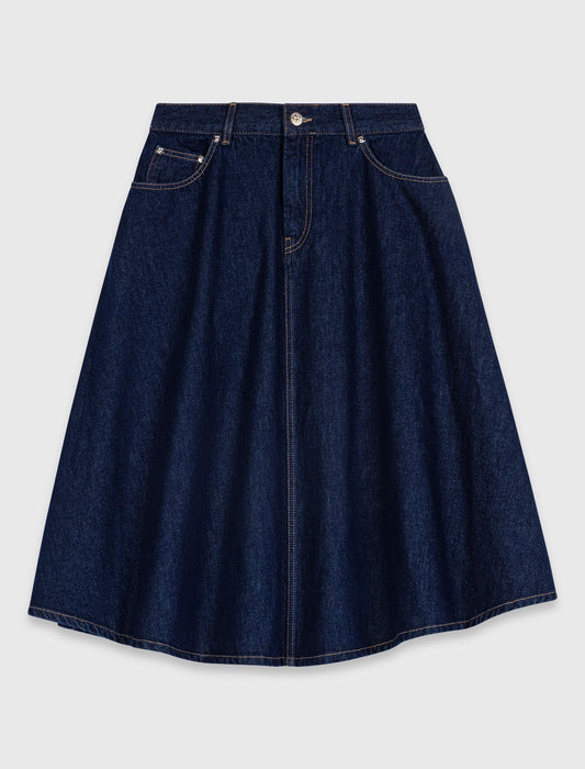 Mid-length flared denim skirt Navy