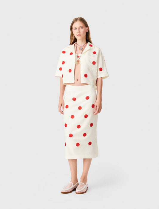 Embroidered linen-silk pencil skirt White