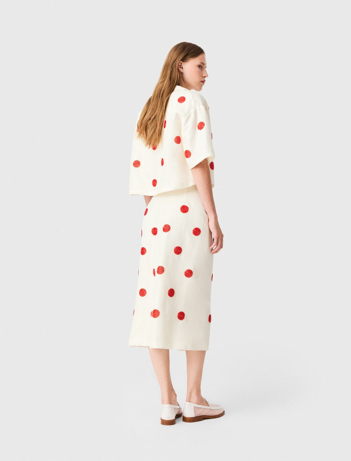 Embroidered linen-silk pencil skirt White