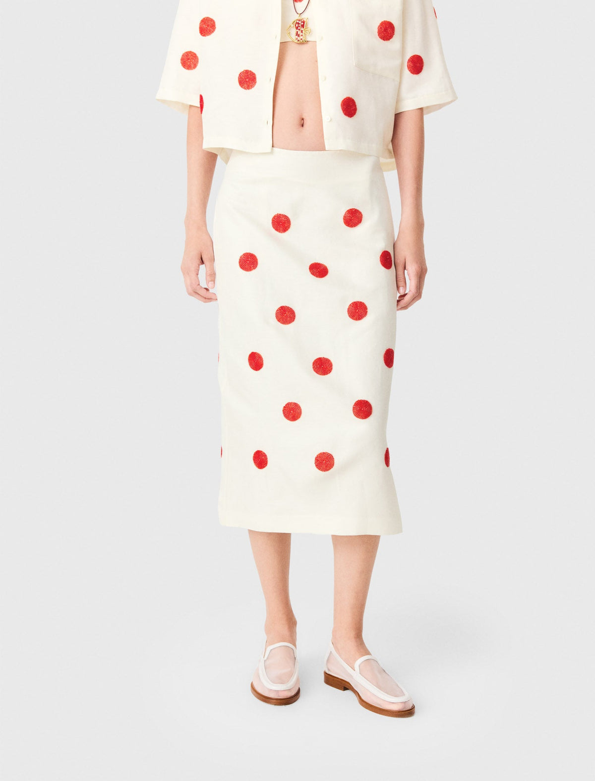 Embroidered linen-silk pencil skirt White