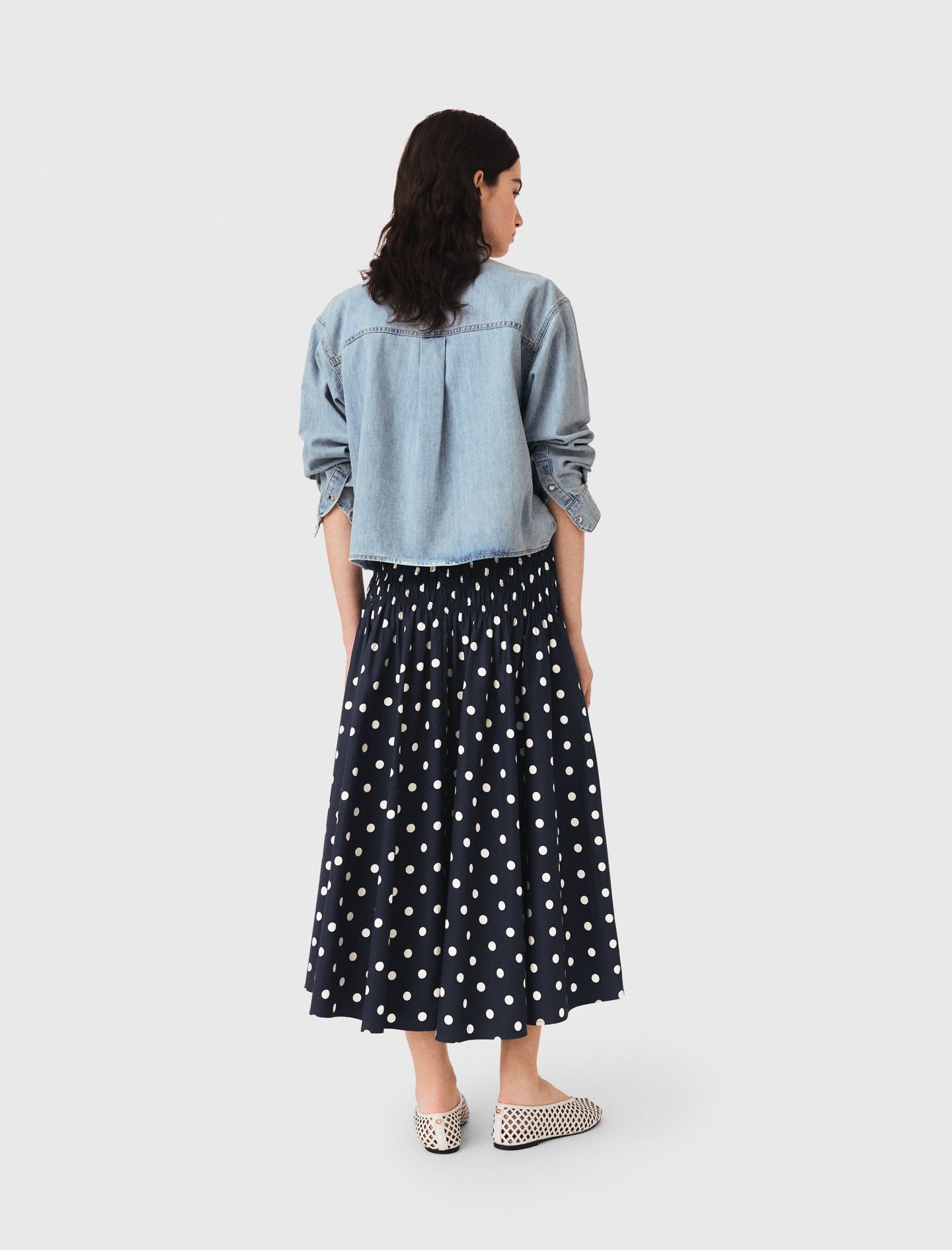 Long cotton skirt Navy Dots Print