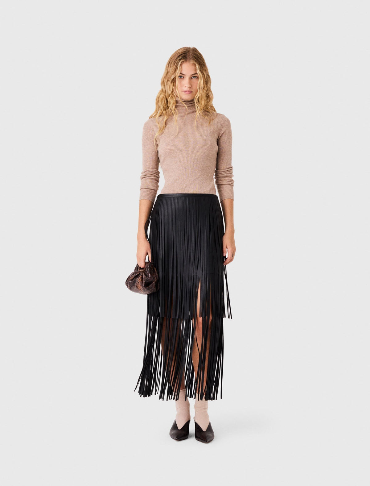 Fringed Faux Leather Skirt Black