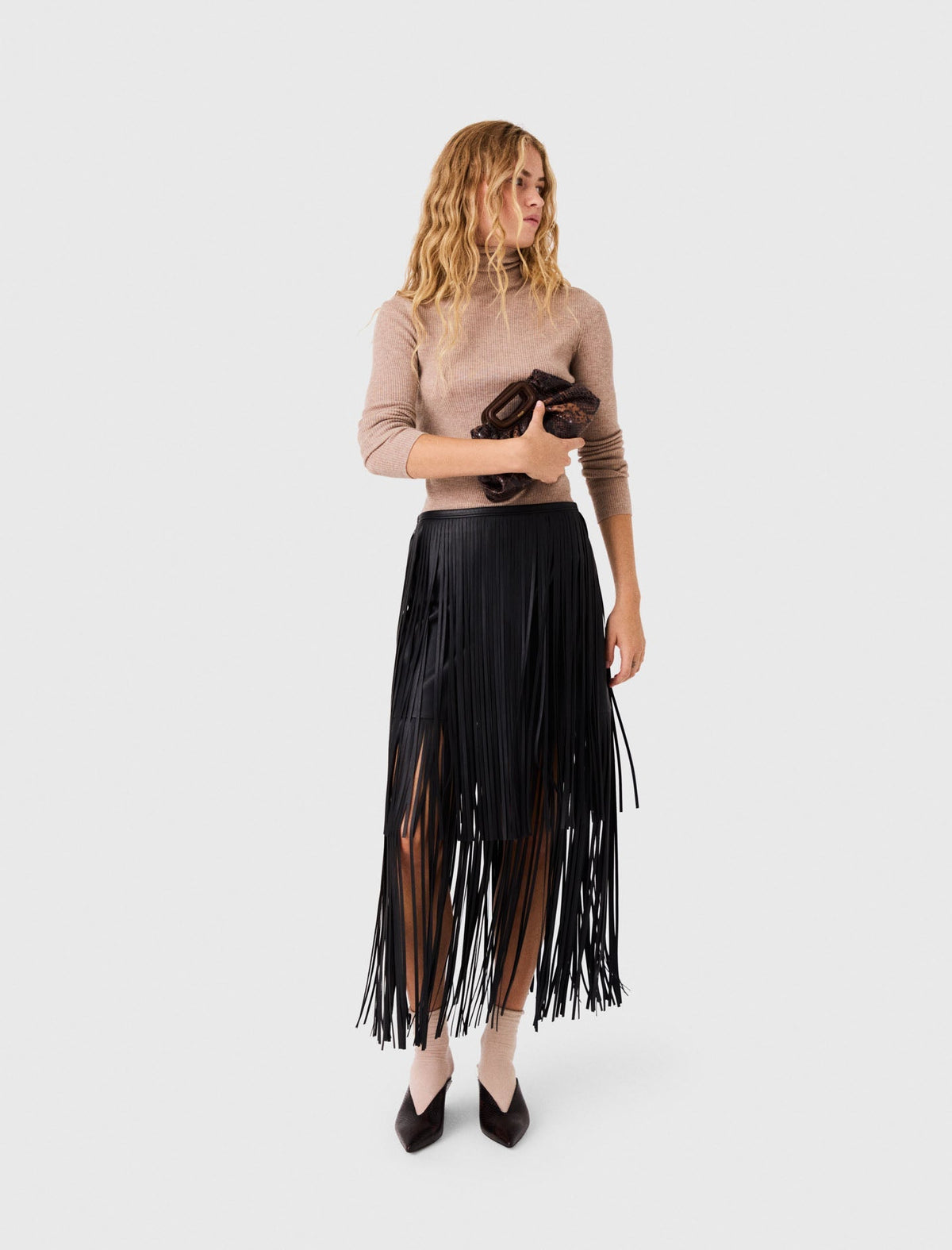 Fringed Faux Leather Skirt Black