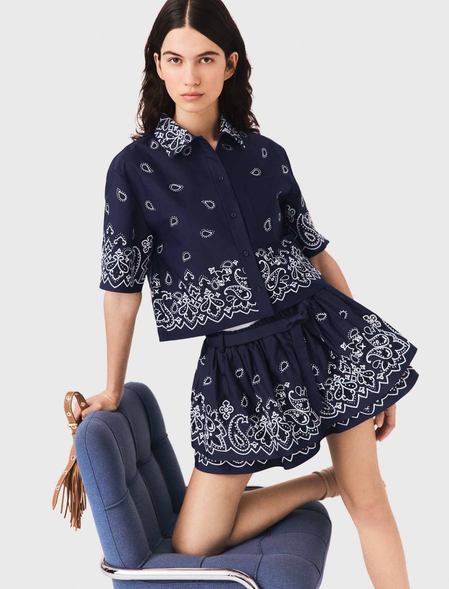 Short embroidered ruffled skirt Navy Bandana Embroidered