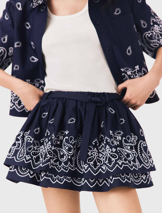 Short embroidered ruffled skirt Navy Bandana Embroidered