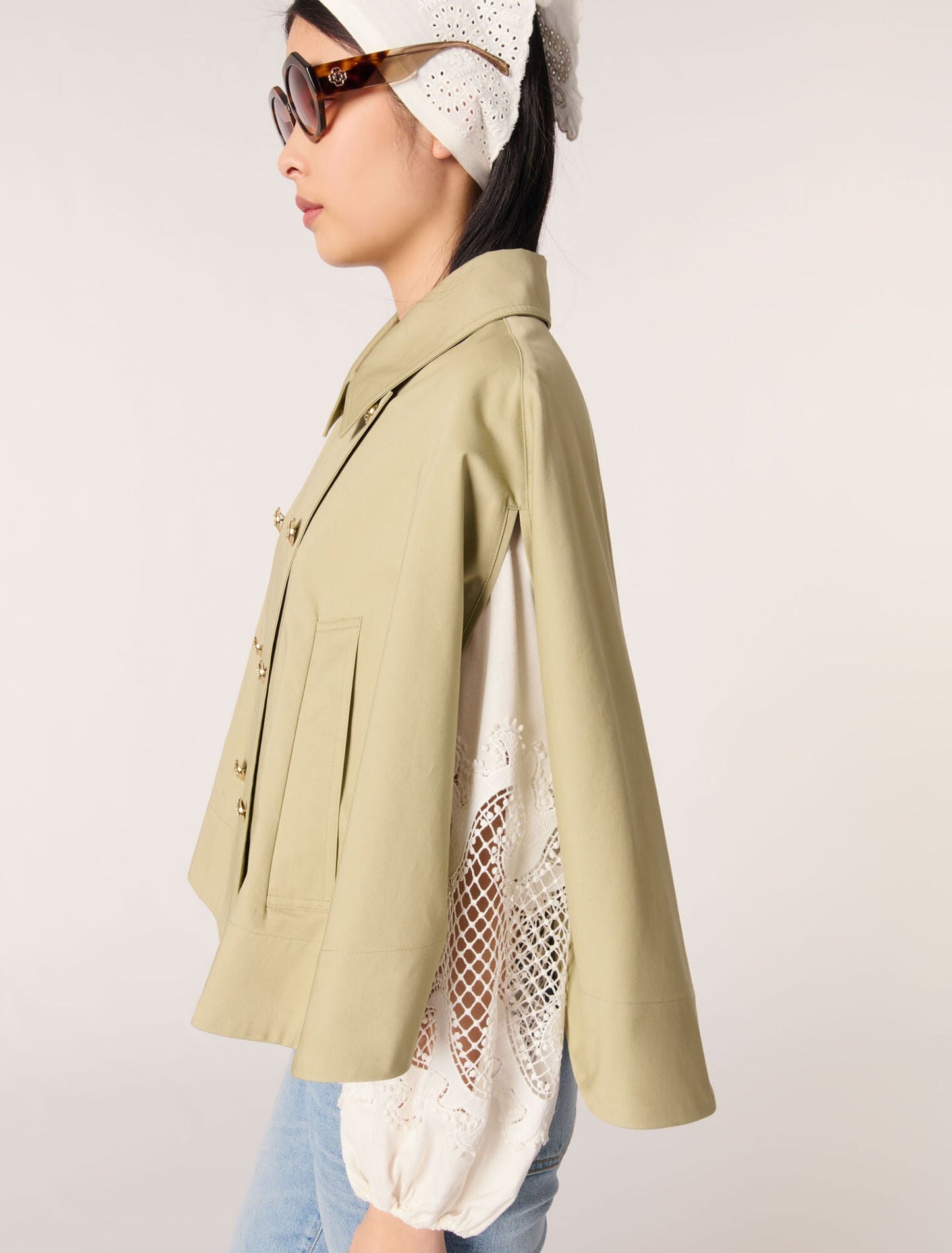 Khaki-Short Cape-Effect Trench Coat