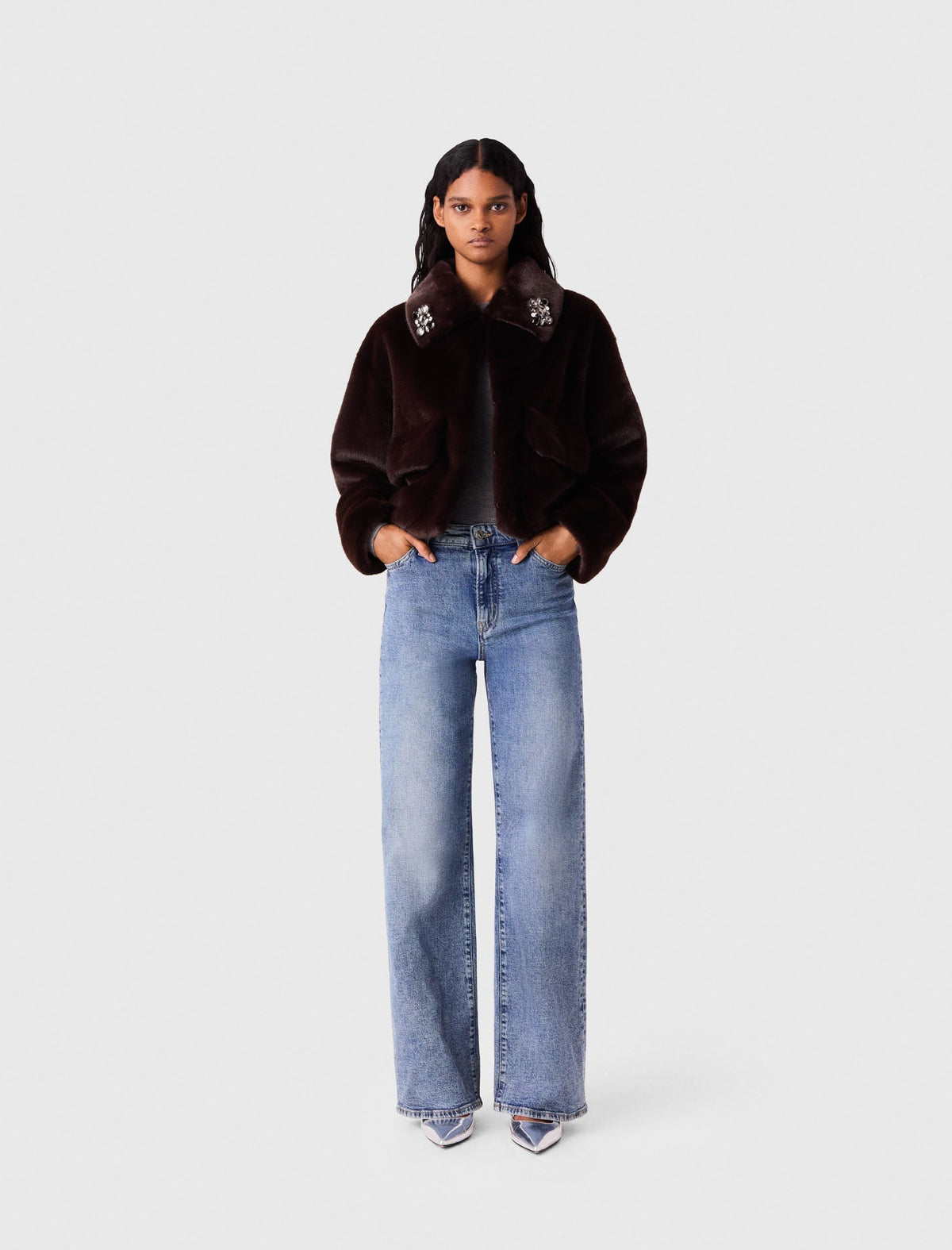 Short Faux Fur Jacket Dark Brown