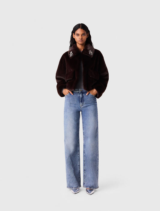 Short Faux Fur Jacket Dark Brown