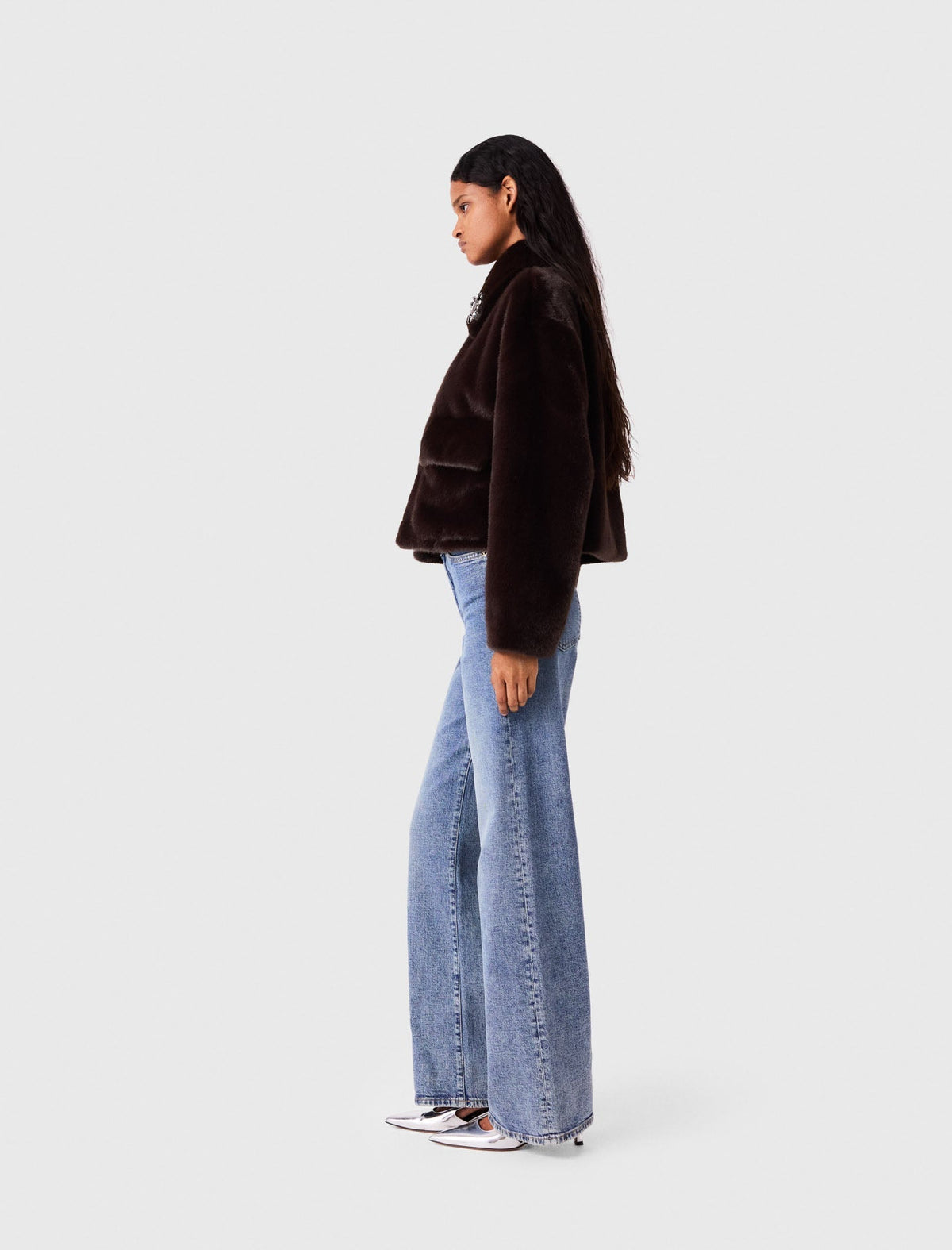 Short Faux Fur Jacket Dark Brown