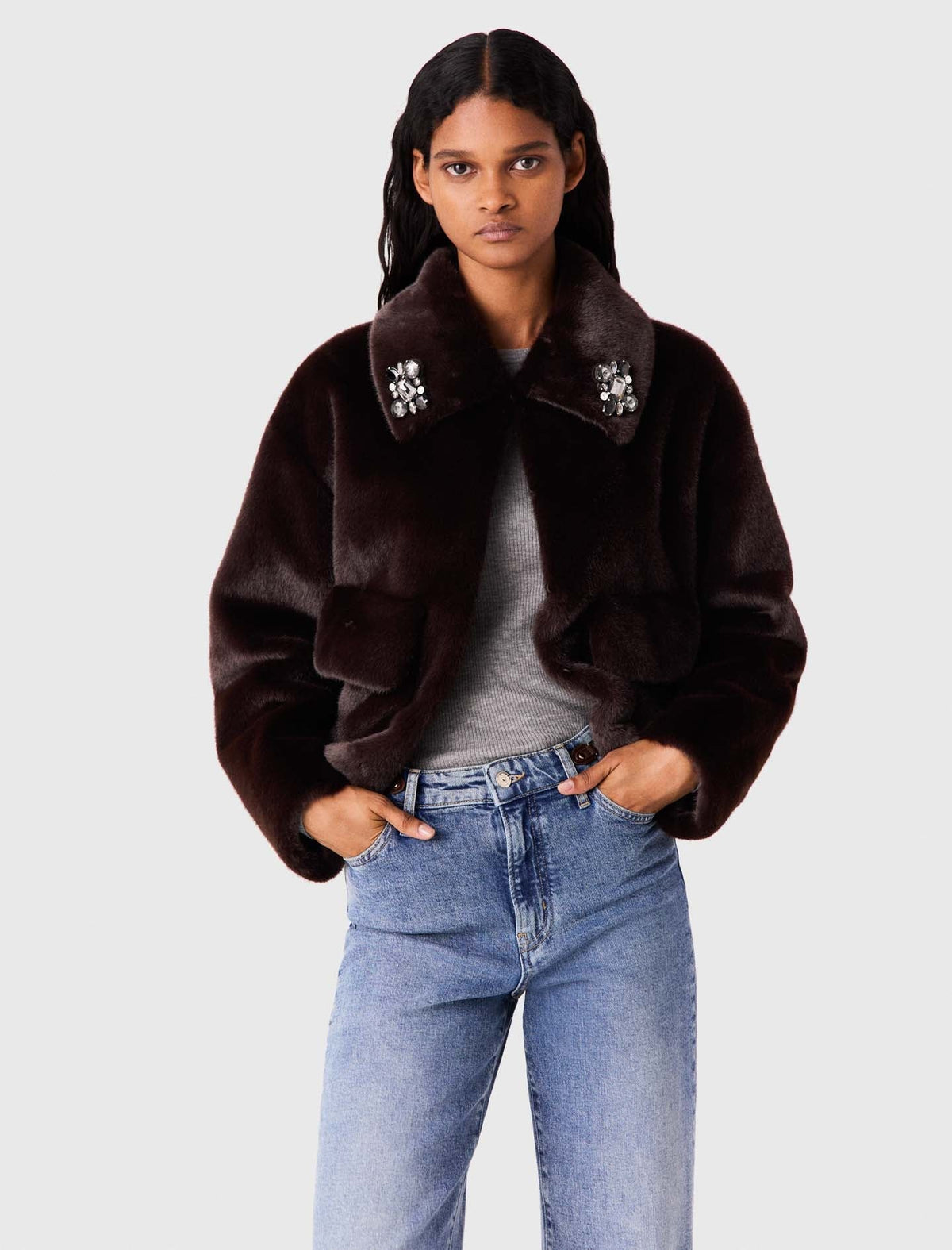 Short Faux Fur Jacket Dark Brown