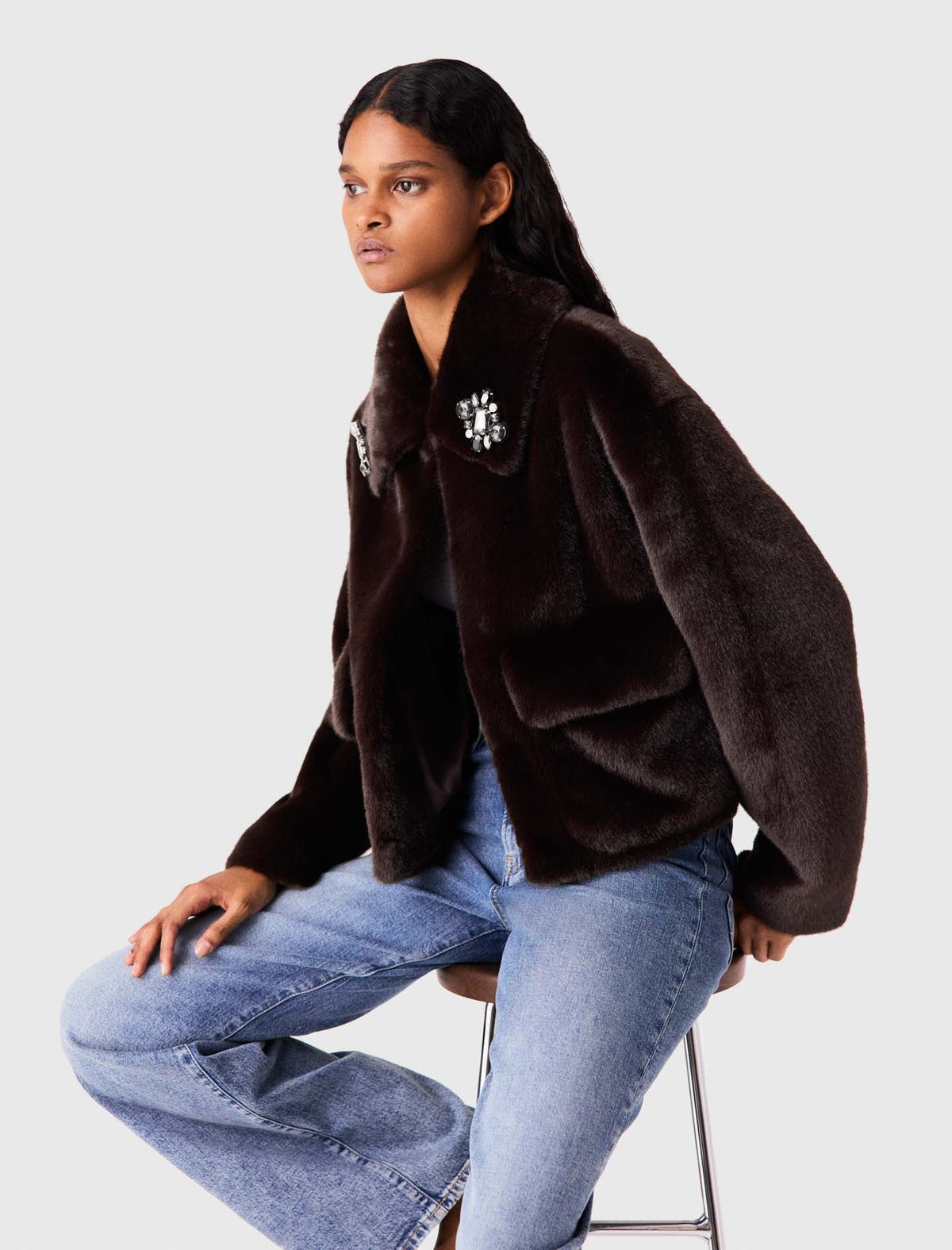 Short Faux Fur Jacket Dark Brown