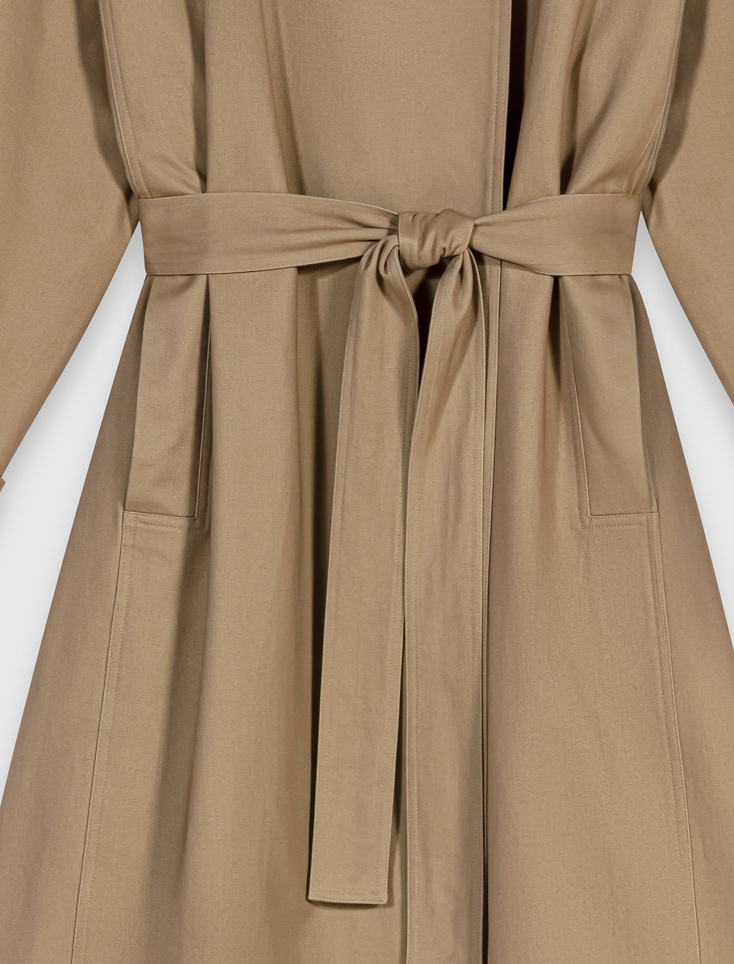 Long belted trench, gold buttons Beige