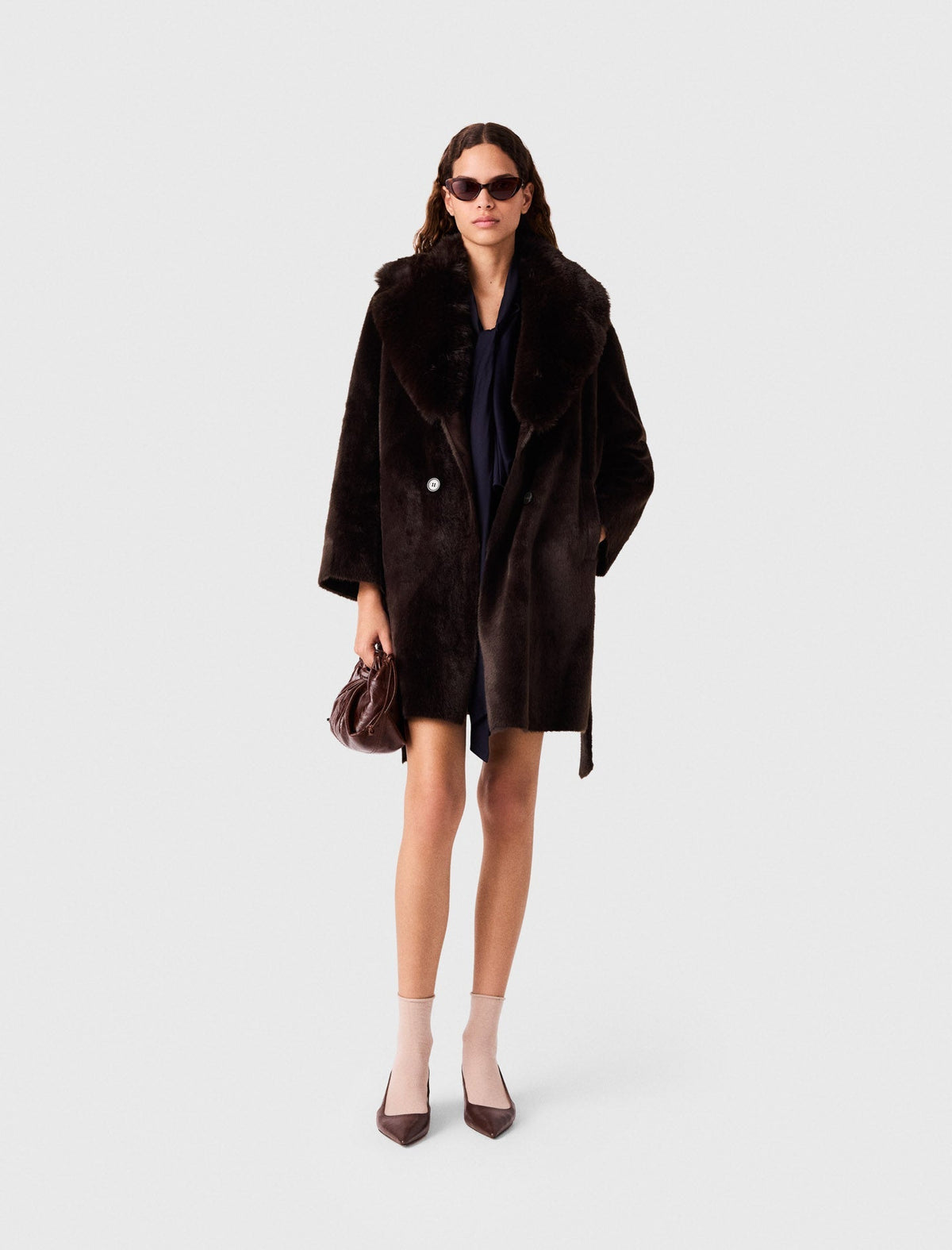 Mid-Length Faux Fur Coat Dark Brown