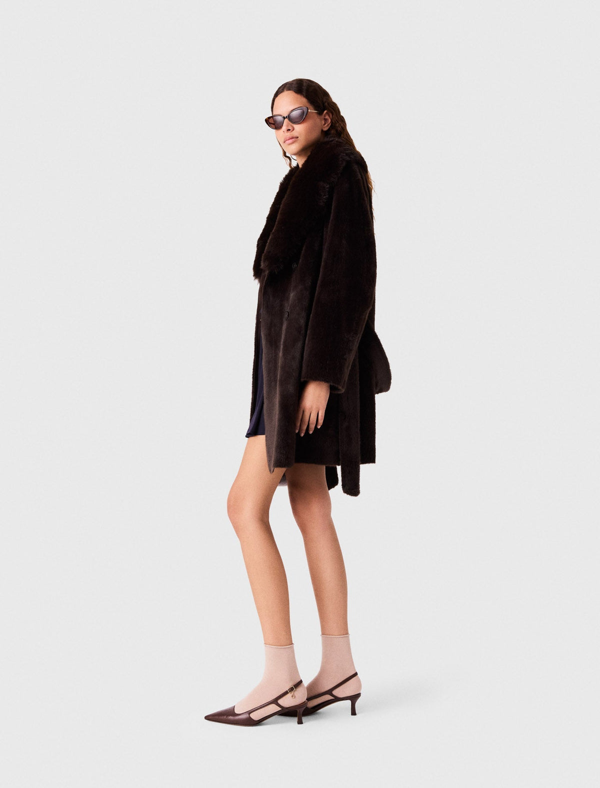 Mid-Length Faux Fur Coat Dark Brown