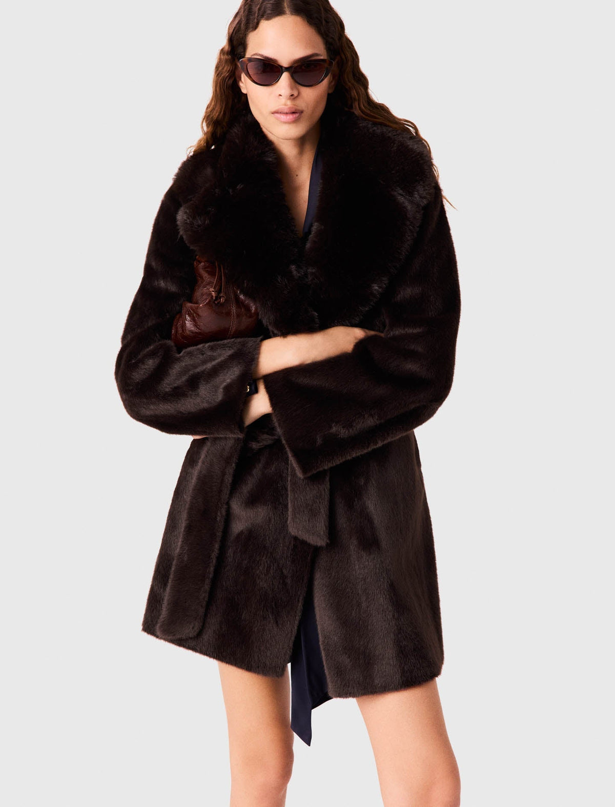 Mid-Length Faux Fur Coat Dark Brown