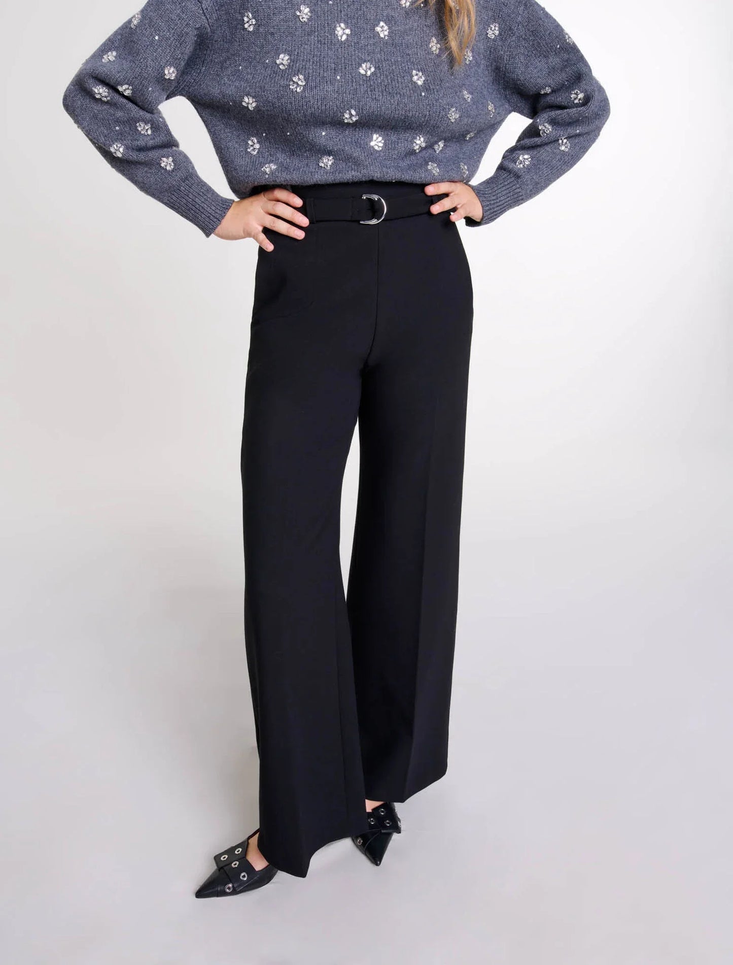 Black-WIDE BELTED TROUSERS