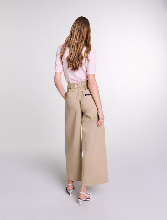 Beige Light  -Wide-leg cotton trousers