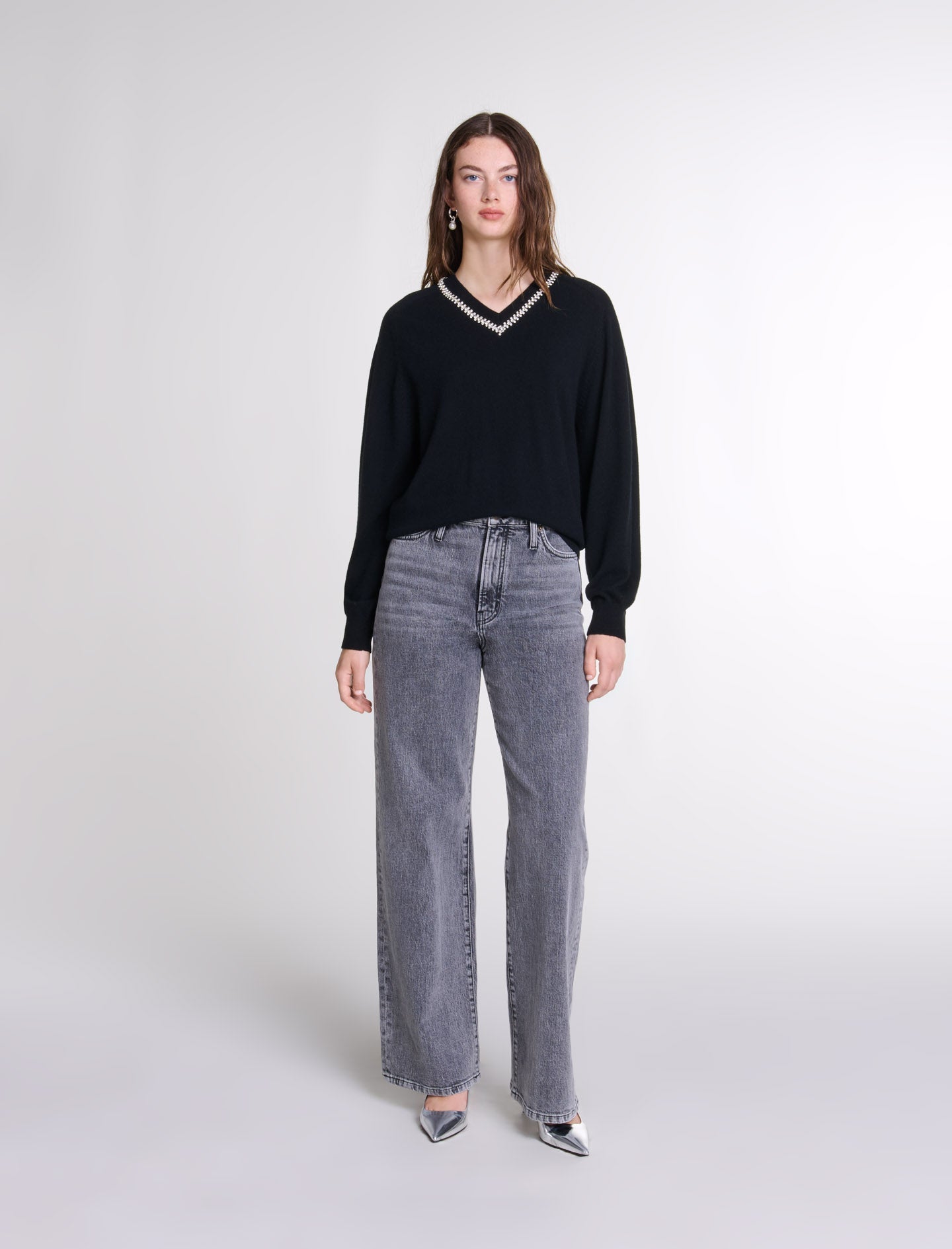 Black featured Knit jumper with rhinestone neck