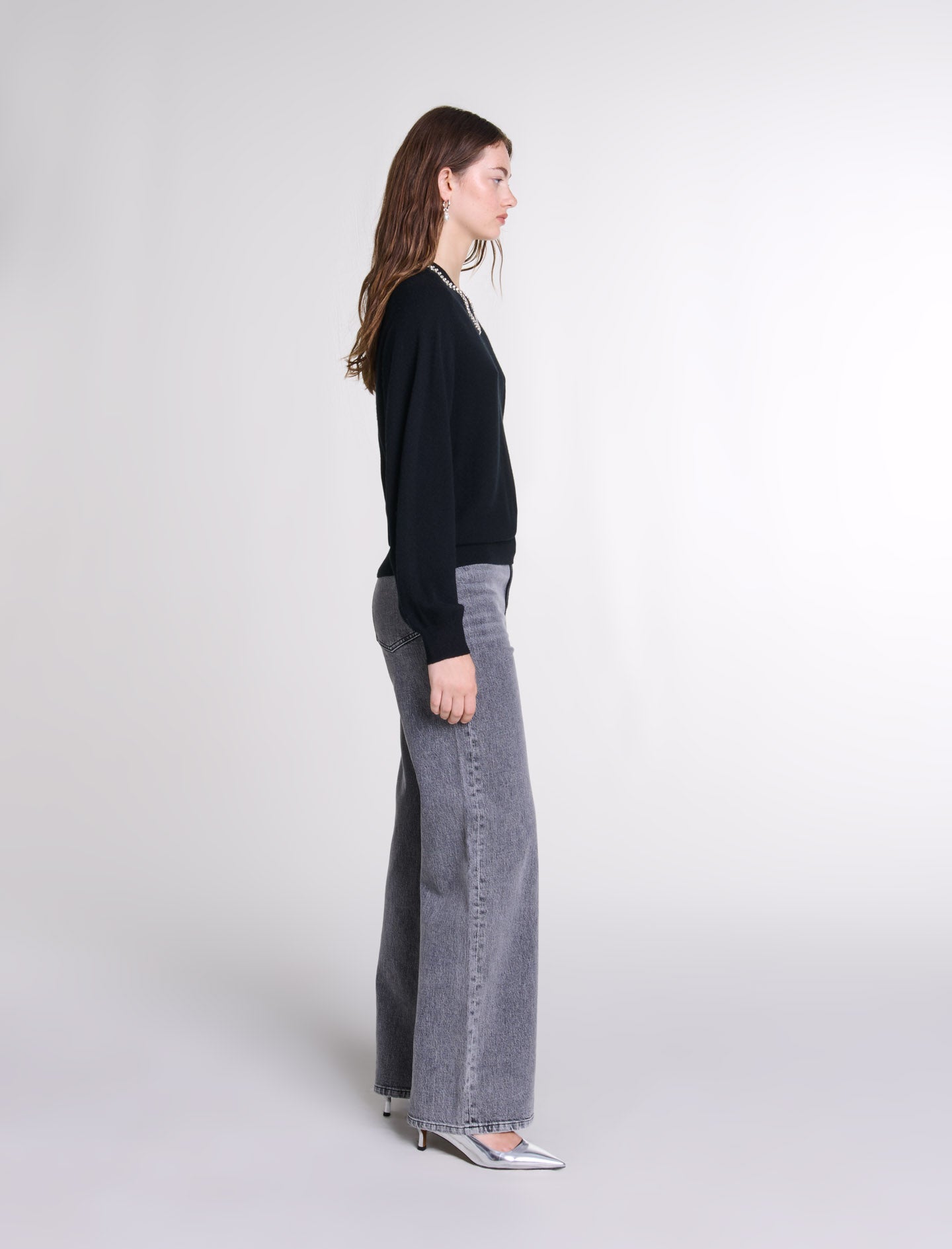 Black   Knit jumper with rhinestone neck