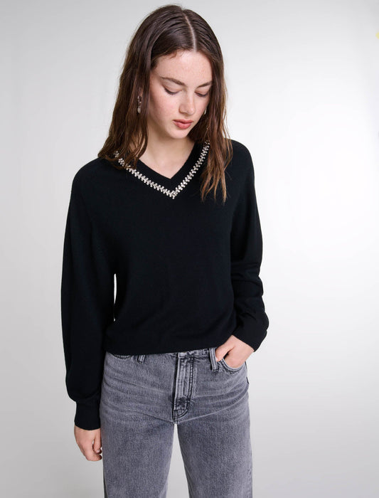 Black   Knit jumper with rhinestone neck