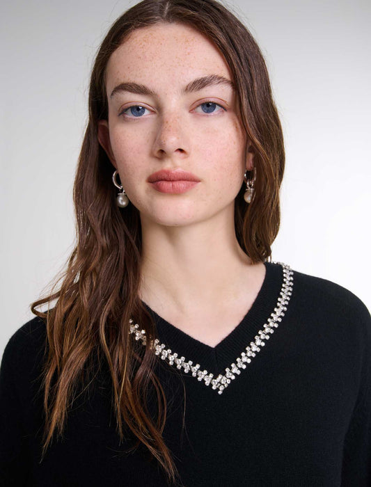 Black   Knit jumper with rhinestone neck
