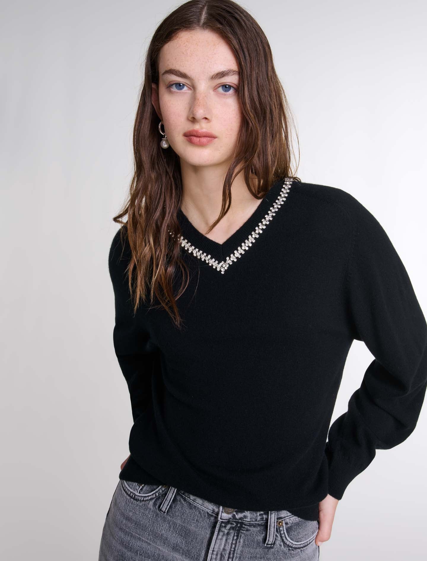 Black   Knit jumper with rhinestone neck