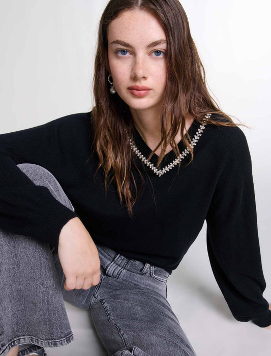 Black   Knit jumper with rhinestone neck