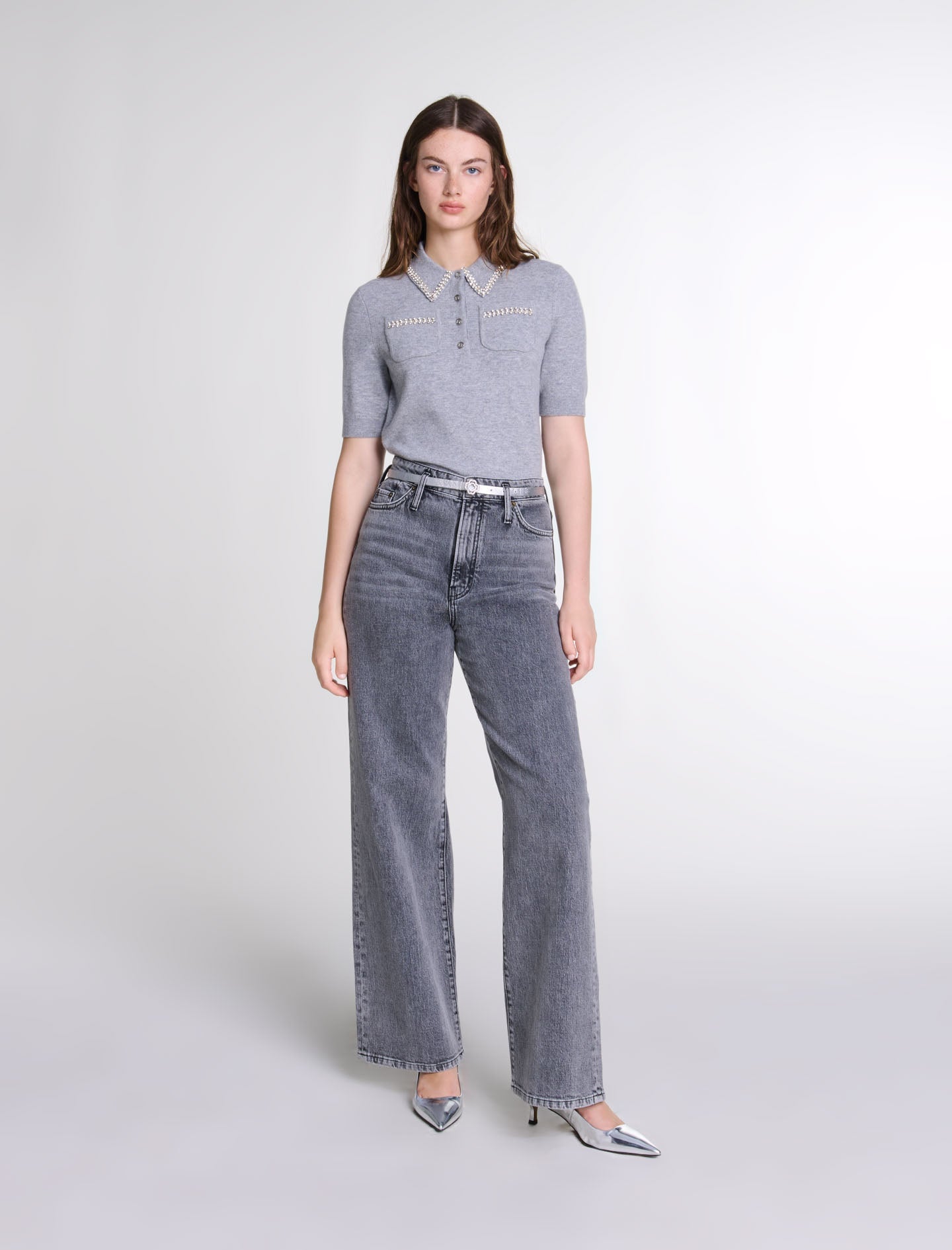 Grey featured-Knitted jumper with rhinestones