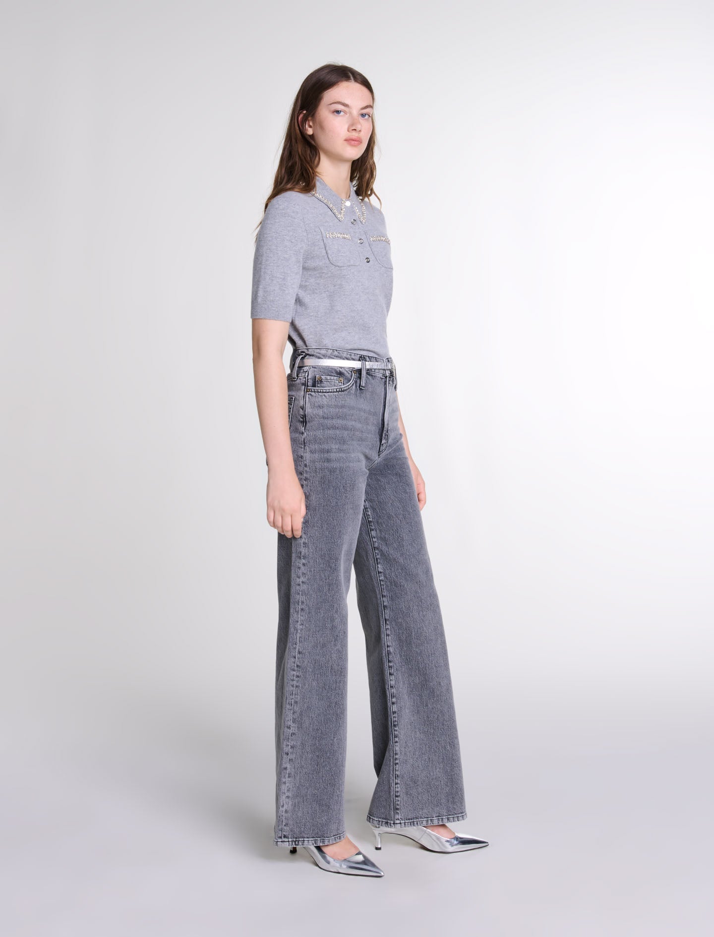 Grey  -Knitted jumper with rhinestones