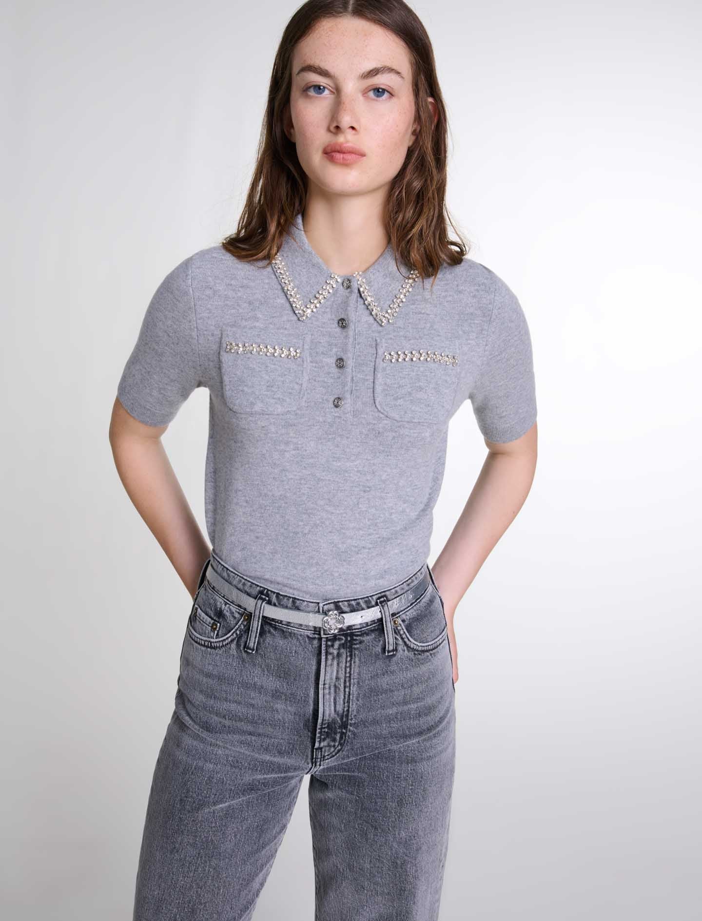 Grey  -Knitted jumper with rhinestones