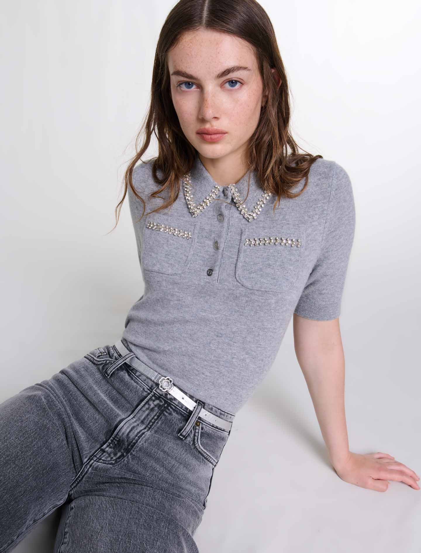 Grey  -Knitted jumper with rhinestones