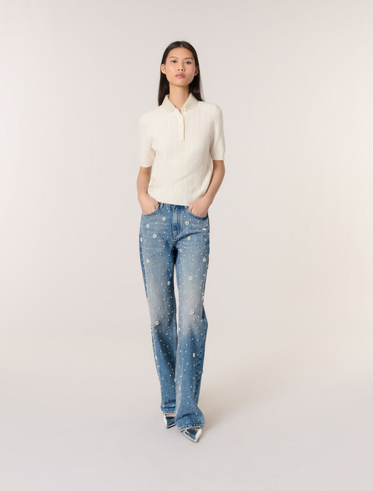 Ecru featured Jewellery collar knit polo shirt