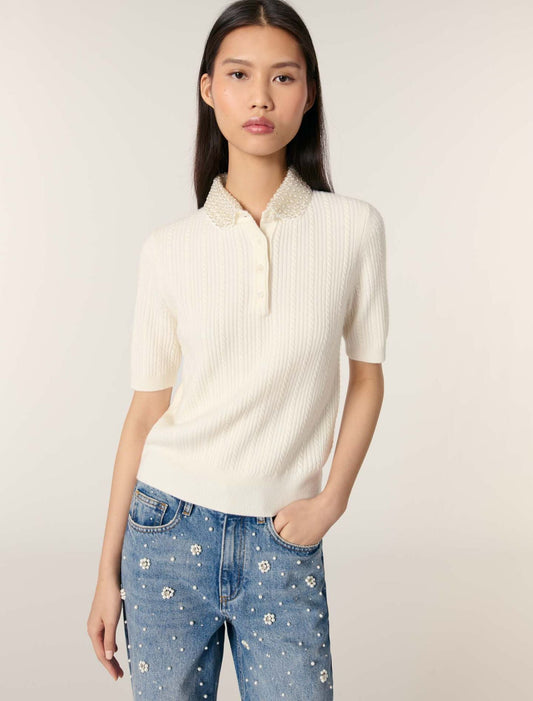 Ecru Jewellery collar knit polo shirt