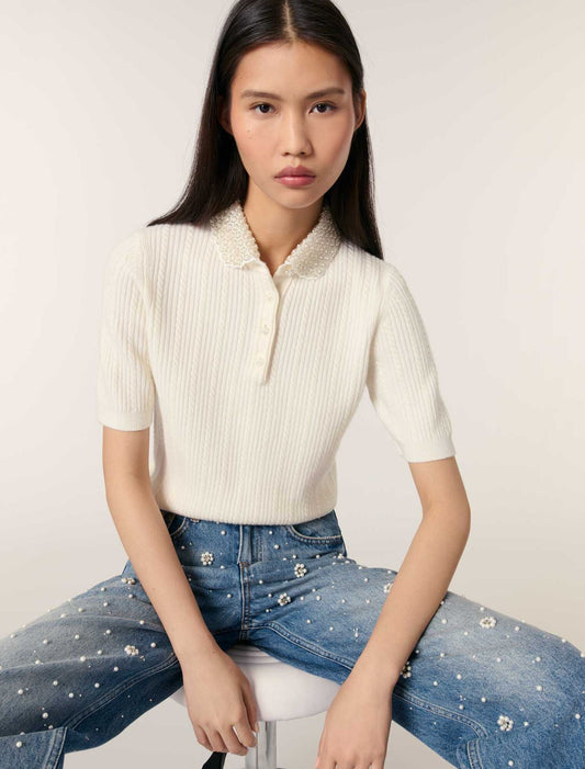 Ecru Jewellery collar knit polo shirt