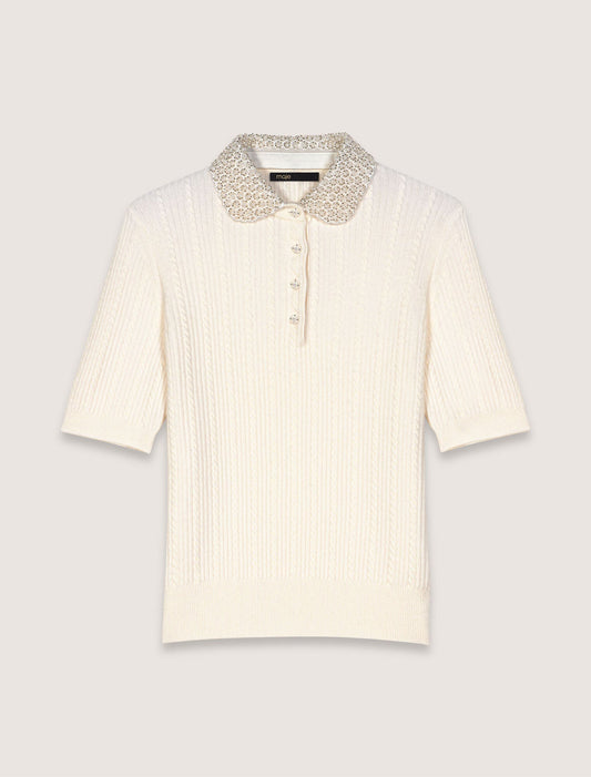 Ecru Jewellery collar knit polo shirt