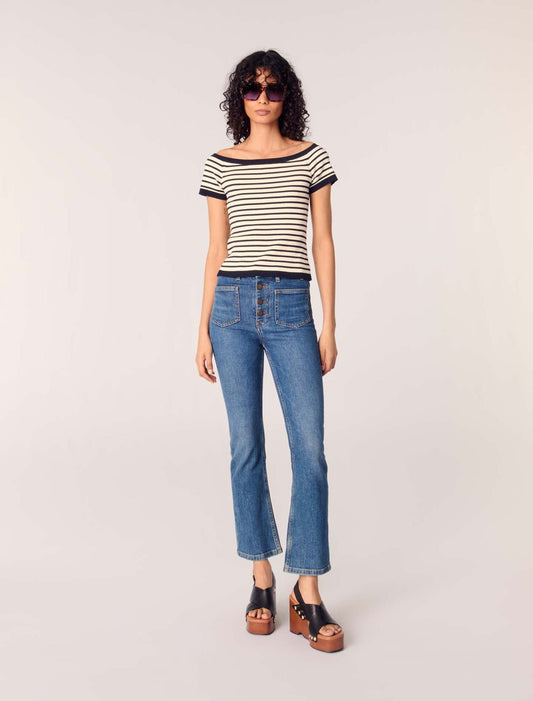 Navy / Ecru-featured-Rib knit top with boat neck 