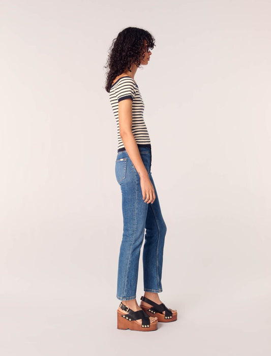 Navy / Ecru-Rib knit top with boat neck 