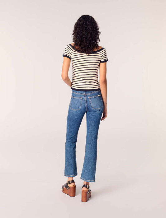 Navy / Ecru-Rib knit top with boat neck 