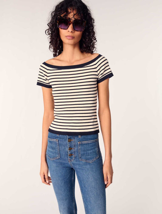 Navy / Ecru-Rib knit top with boat neck 