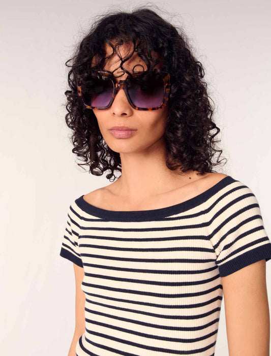 Navy / Ecru-Rib knit top with boat neck 